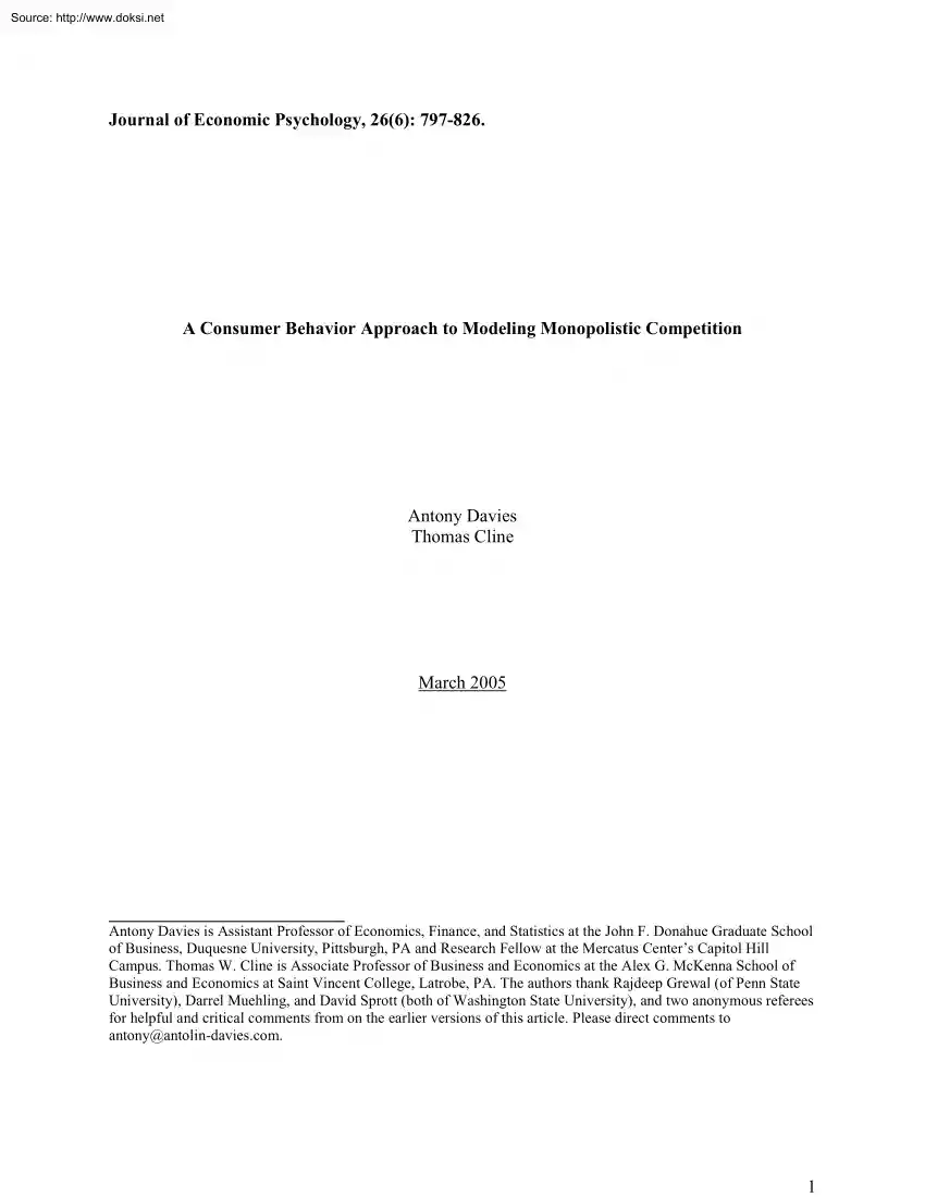 Davies-Cline - A Consumer Behavior Approach to Modeling Monopolistic Competition