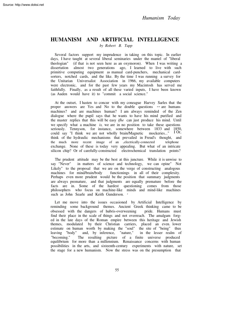 Robert B. Tapp - Humanism and Artificial Intelligence