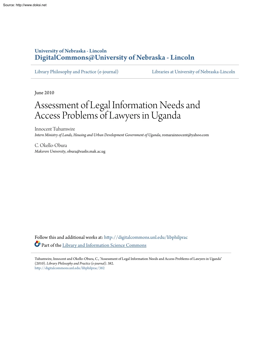 Tuhumwire-Obura - Assessment of Legal Information Needs and Access Problems of Lawyers in Uganda