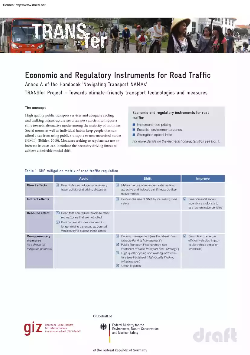 Economic and Regulatory Instruments for Road Traffic