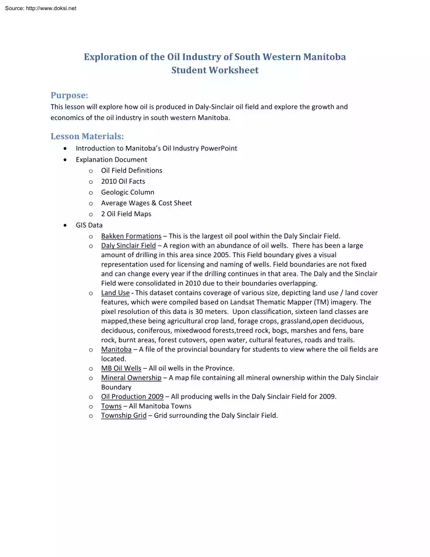 Exploration of the Oil Industry of South Western Manitoba, Student Worksheet