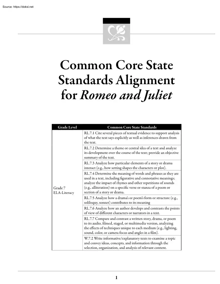 Common Core State Standards Alignment for Romeo and Juliet