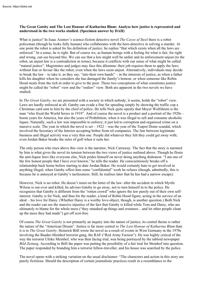 The Great Gatsby and The Lost Honour of Katharina Blum, Analyse how Justice is Represented and