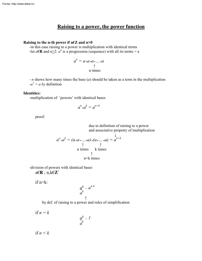 Raising to a power, the power function