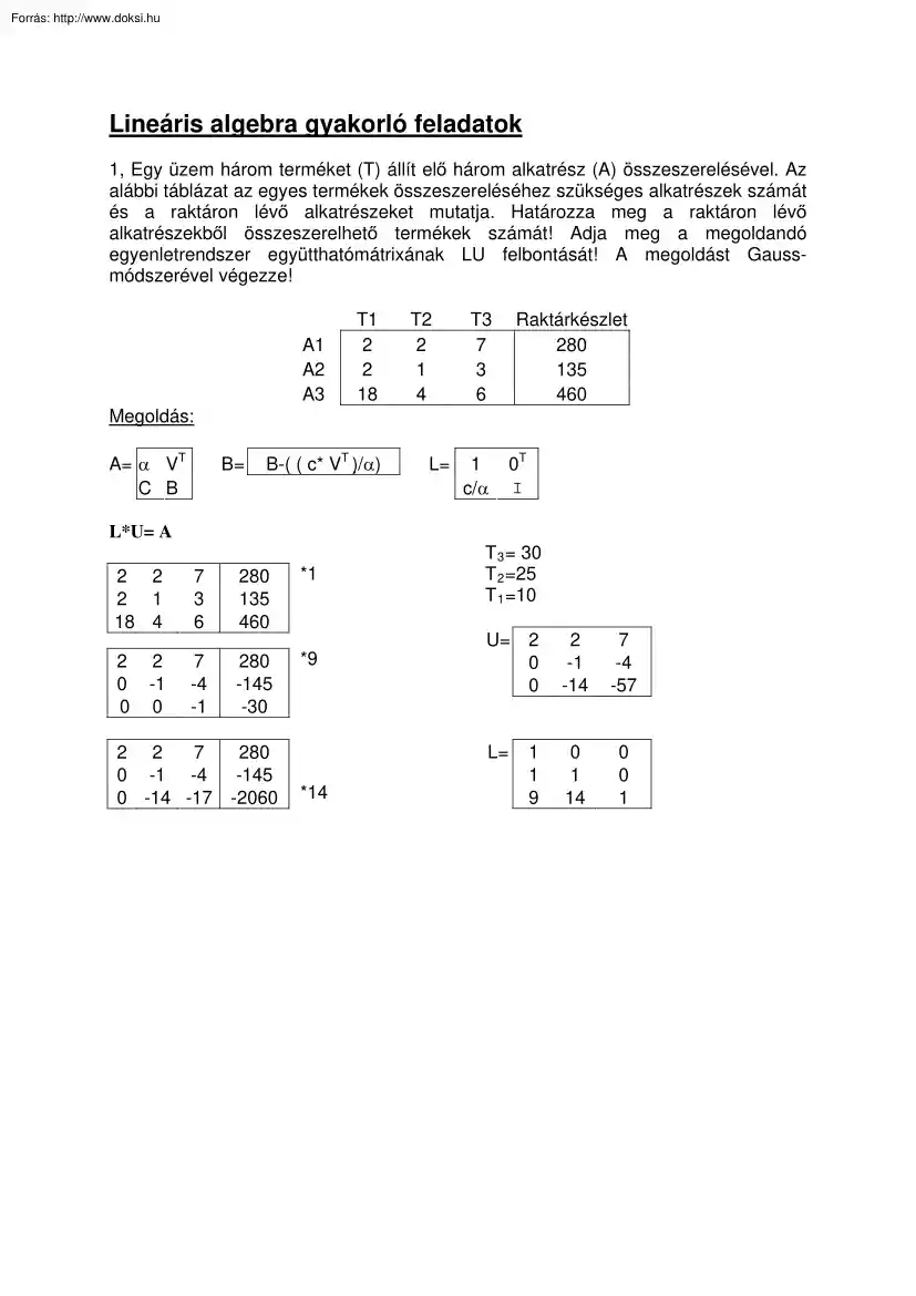 Lineáris algebra gyakorló feladatok