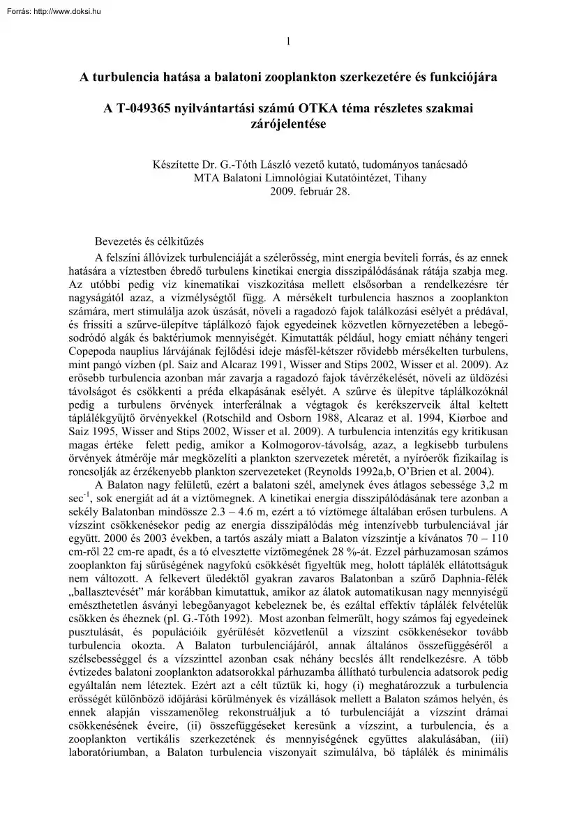 Dr. G.-Tóth László - A turbulencia hatása a balatoni zooplankton szerkezetére és funkciójára