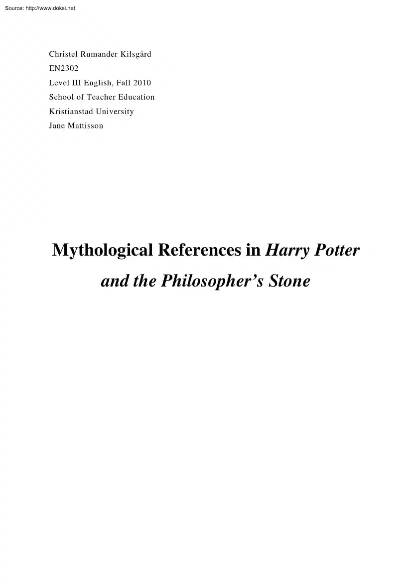 Jane Mattisson - Mythological References in Harry Potter and the Philosopher Stone