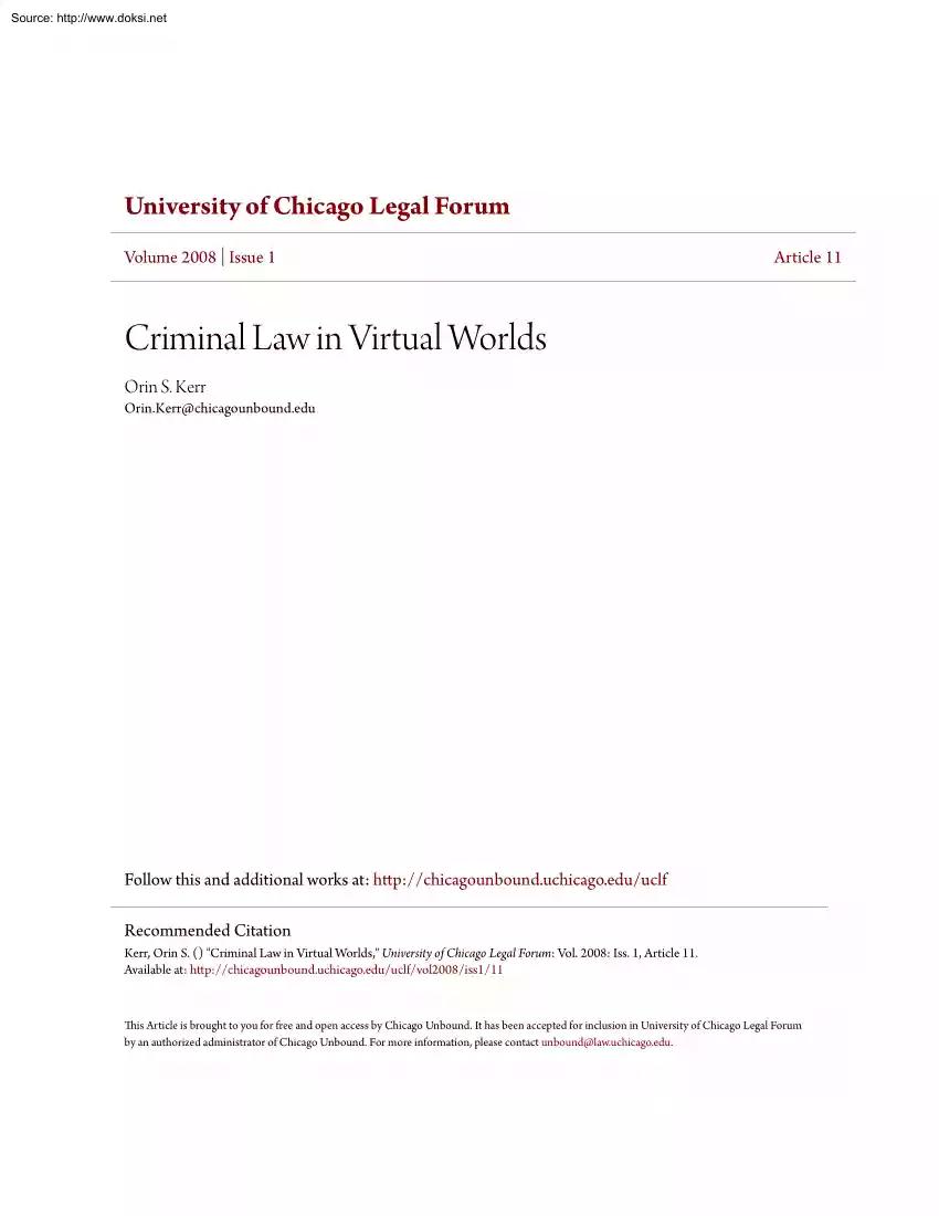 Orin S. Kerr - Criminal Law in Virtual Worlds