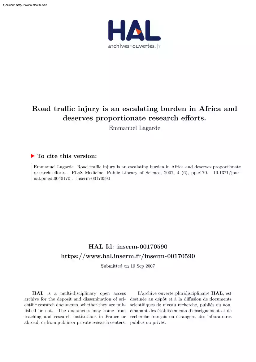 Emmanuel Lagarde - Road Traffic Injury is an Escalating Burden in Africa and Deserves Proportionate Research Efforts
