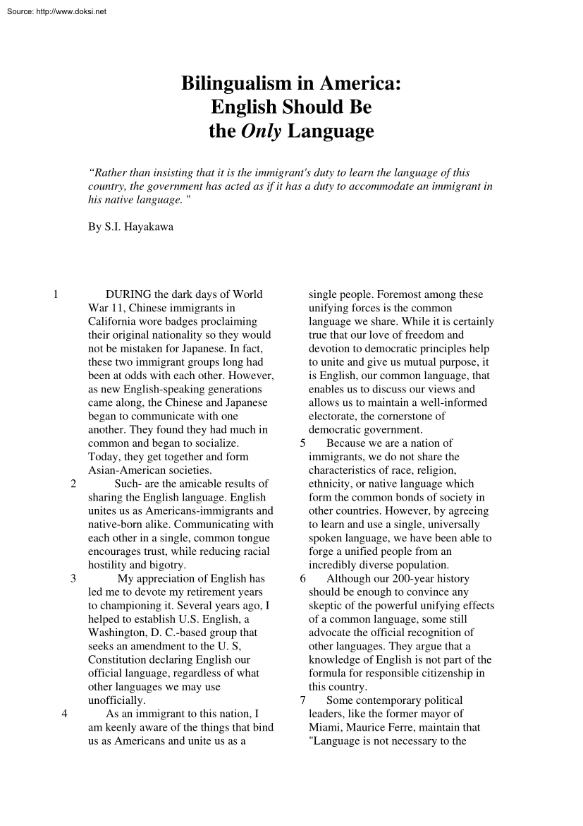 S.I. Hayakawa - Bilingualism in America, English Should Be the Only Language