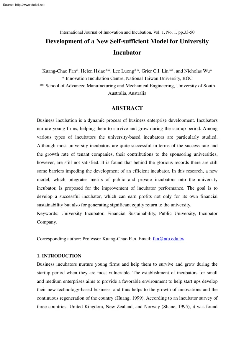 Development of a New Self Sufficient Model for University Incubator