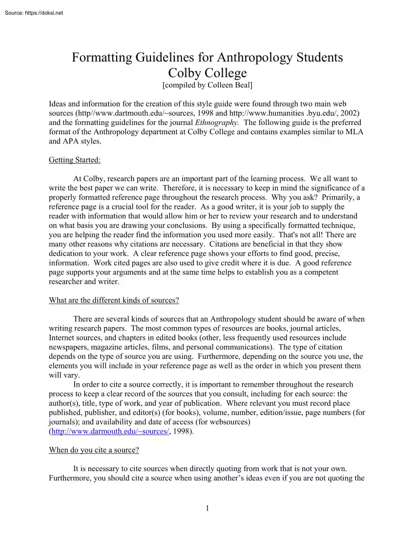 Colleen Beal - Formatting Guidelines for Anthropology Students Colby College