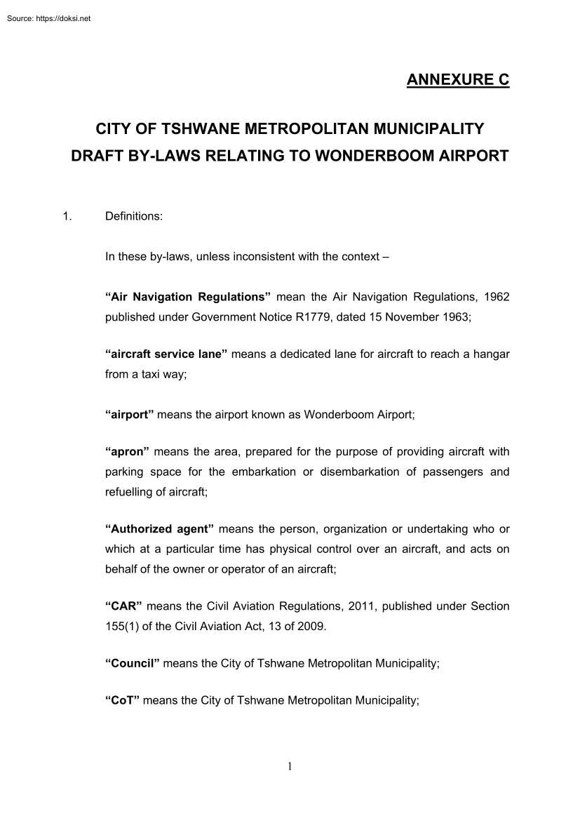 City of Tshwane Metropolitan Municipality Draft by Laws Relating to Wonderboom Airport