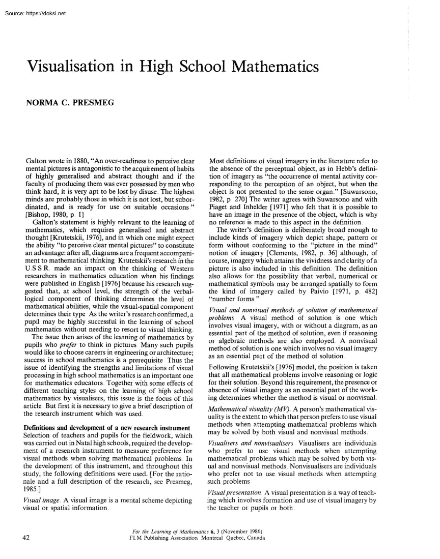 Norma C. Presmeg - Visualisation in High School Mathematics