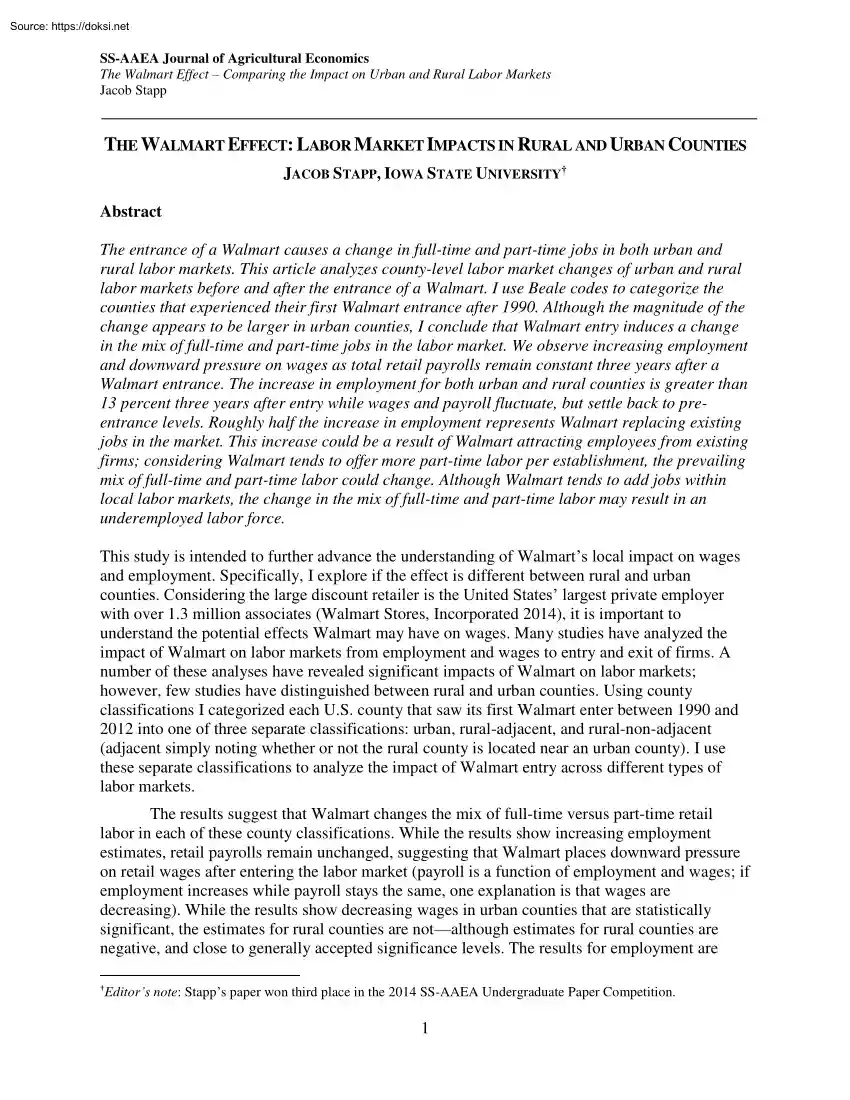 Jacob Stapp - The Walmart Effect, Labor Market Impacts in Rural and Urban Counties