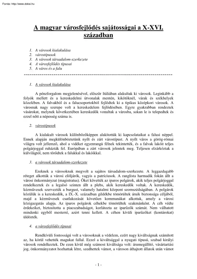 Bors Mónika - A magyar városfejlődés sajátosságai a X-XVI. században
