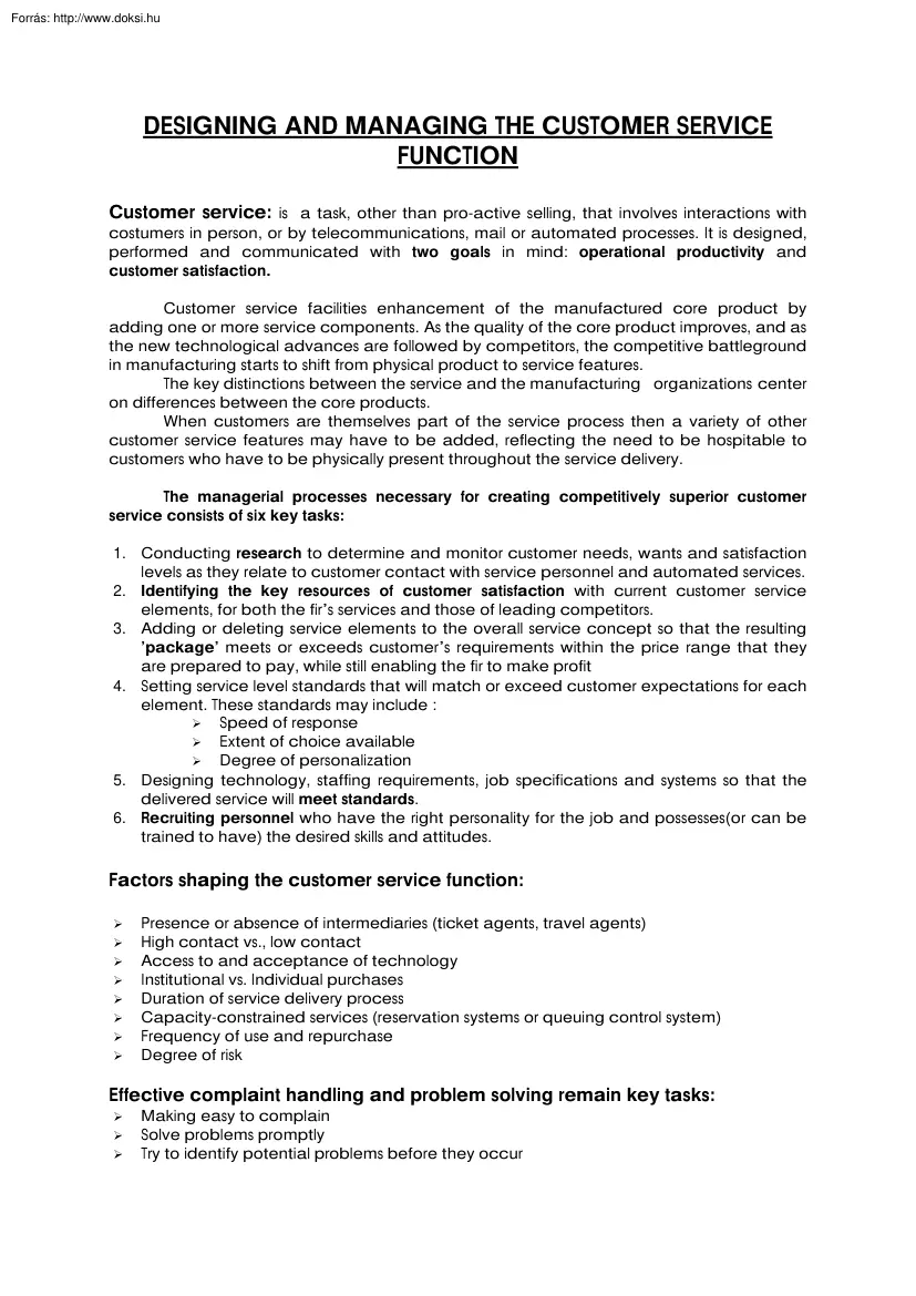 Designing and managing the customer service