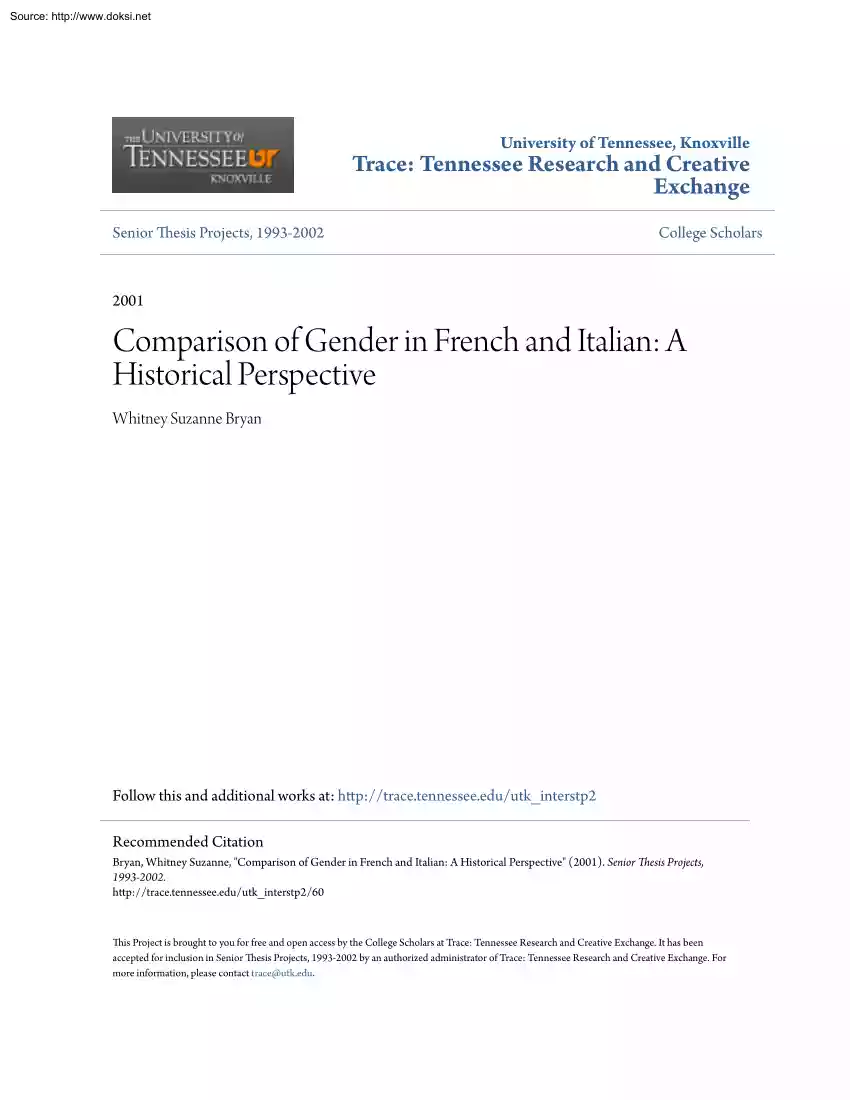 Whitney Suzanne Bryan - Comparison of Gender in French and Italian, A Historical Perspective