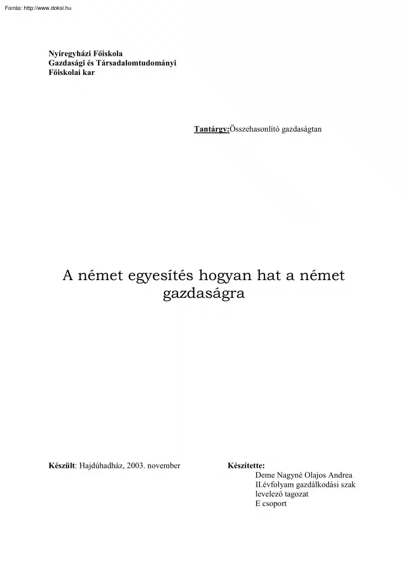 Deme Nagyné Olajos Andrea - A német egyesítés hogyan hat a német gazdaságra