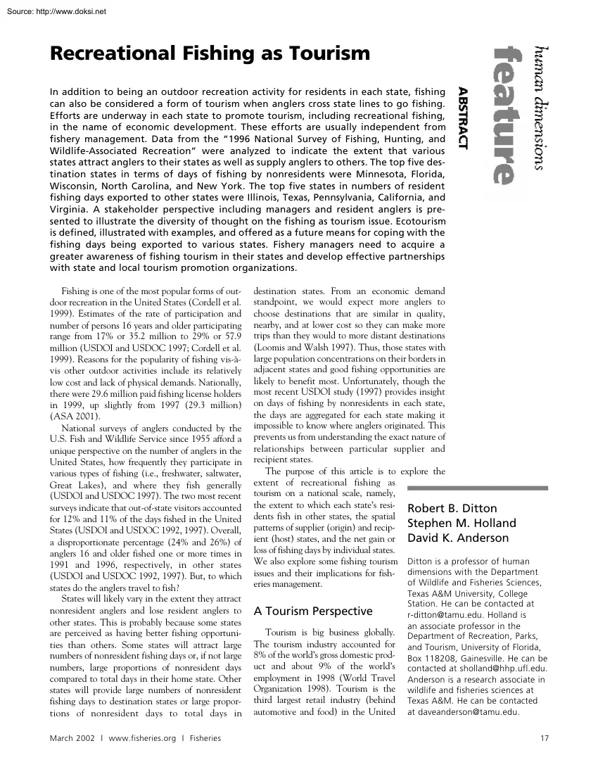 Recreational Fishing as Tourism