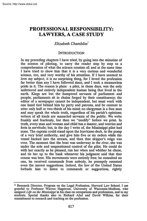 Elizabeth Chambliss - Professional Responsibility, Lawyers, A Case Study