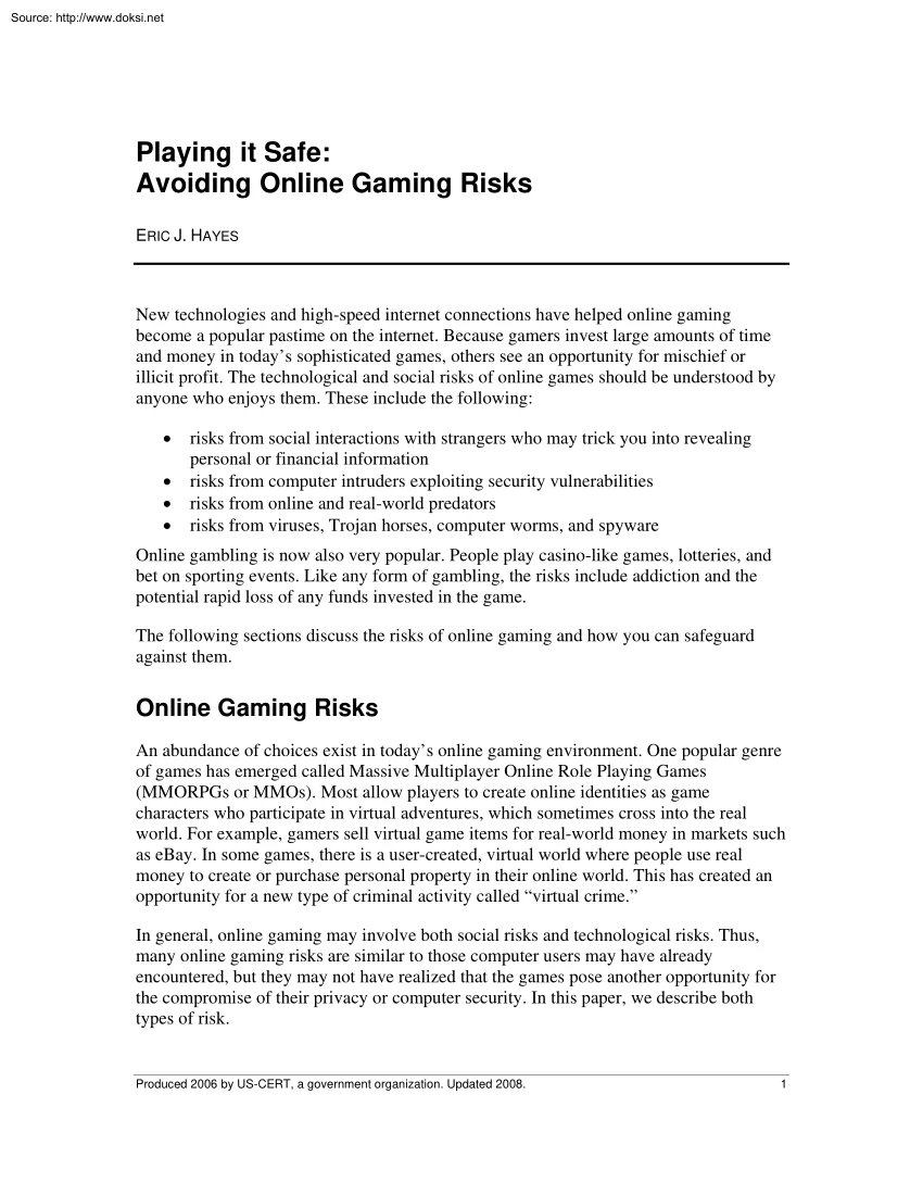 Eric J. Hayes - Playing it Safe, Avoiding Online Gaming Risks