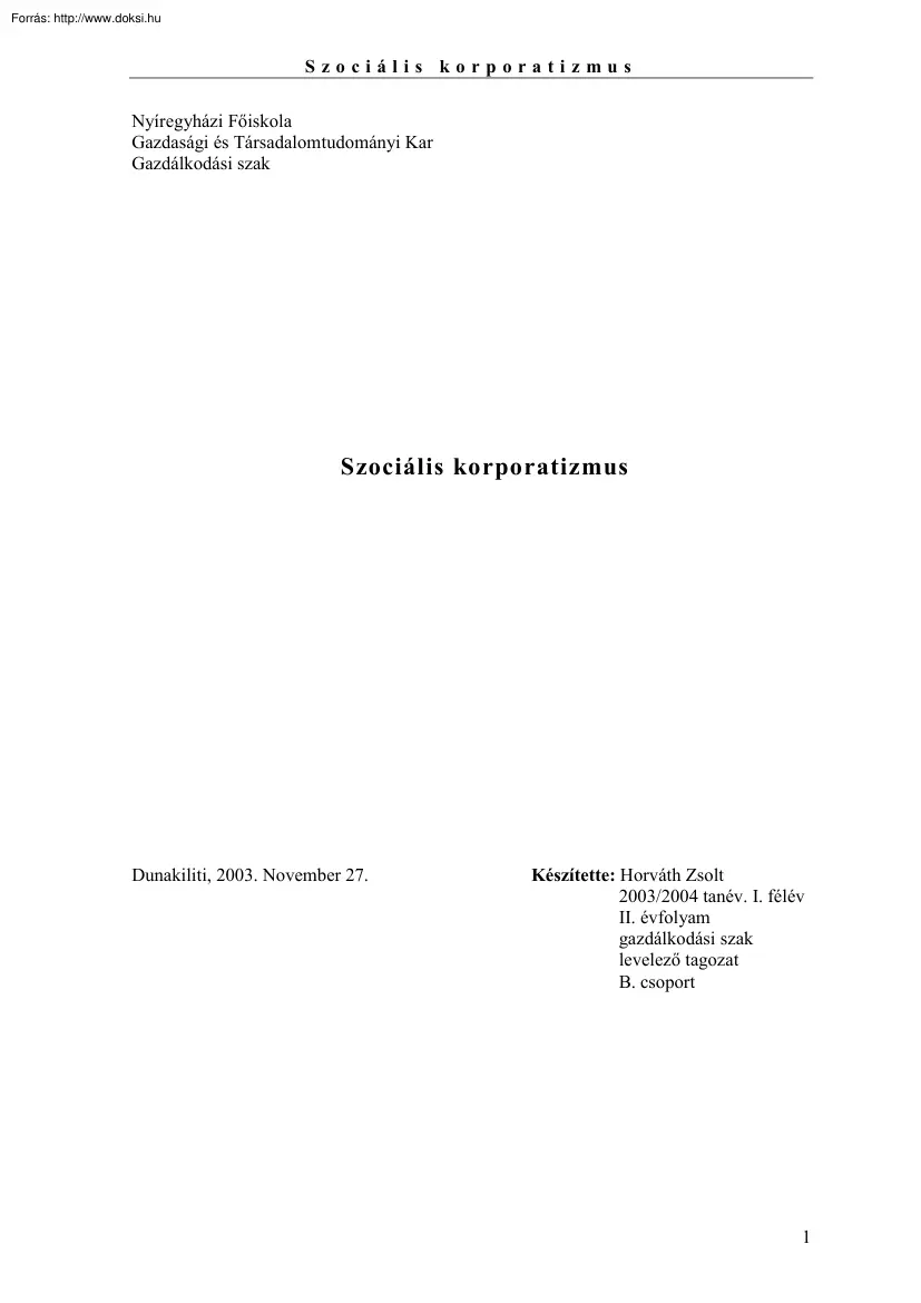 Horváth Zsolt - Szociális korporatizmus