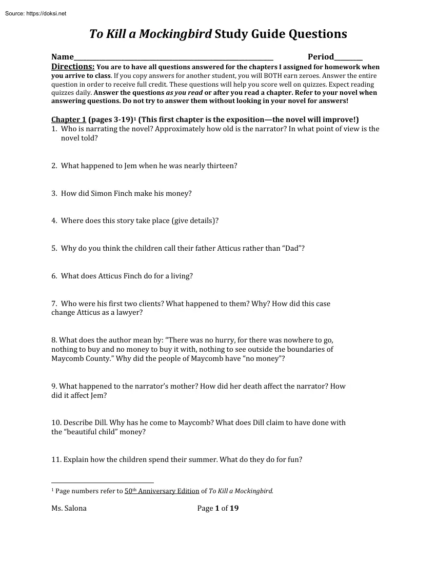 To Kill a Mockingbird Study Guide Questions