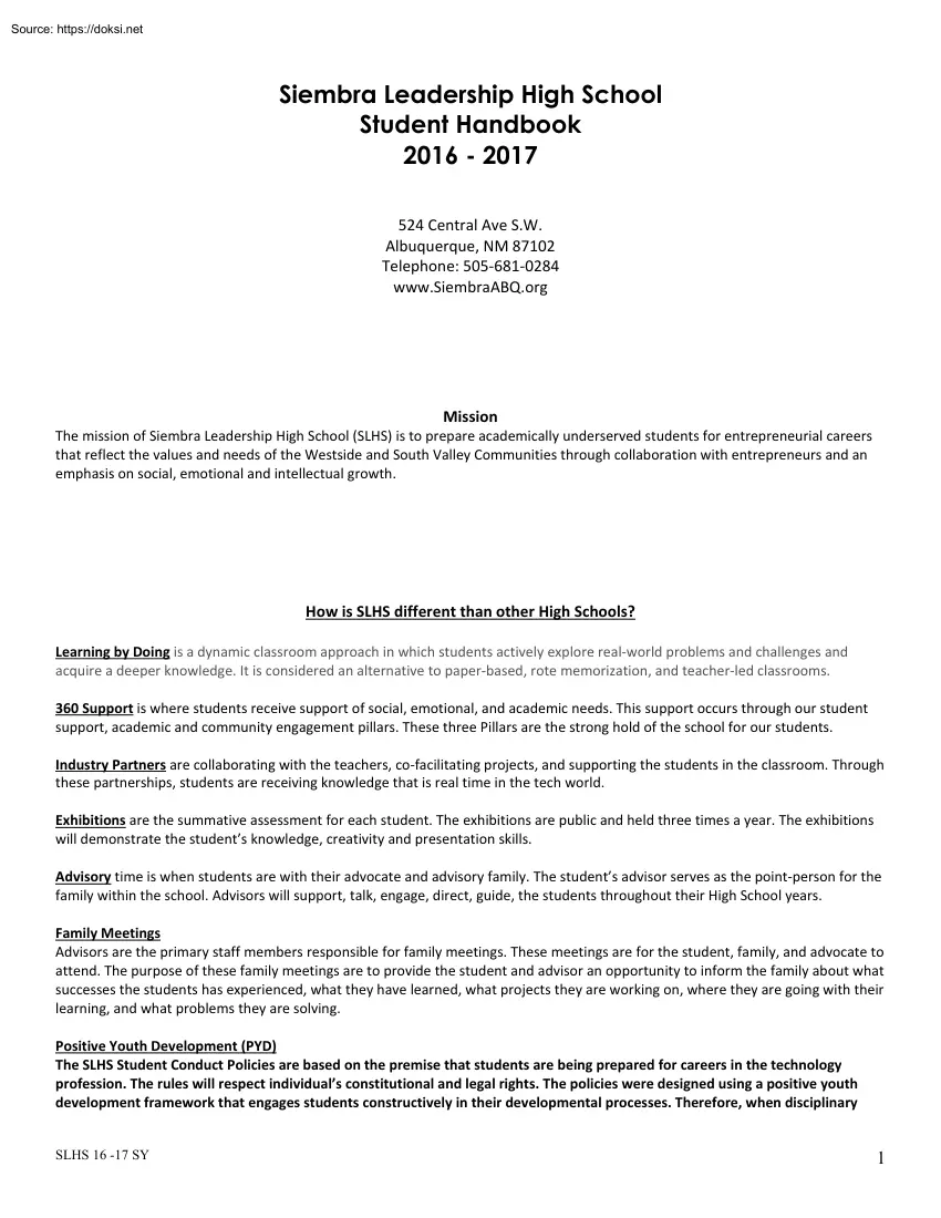 Siembra Leadership High School, Student Handbook 2016-2017