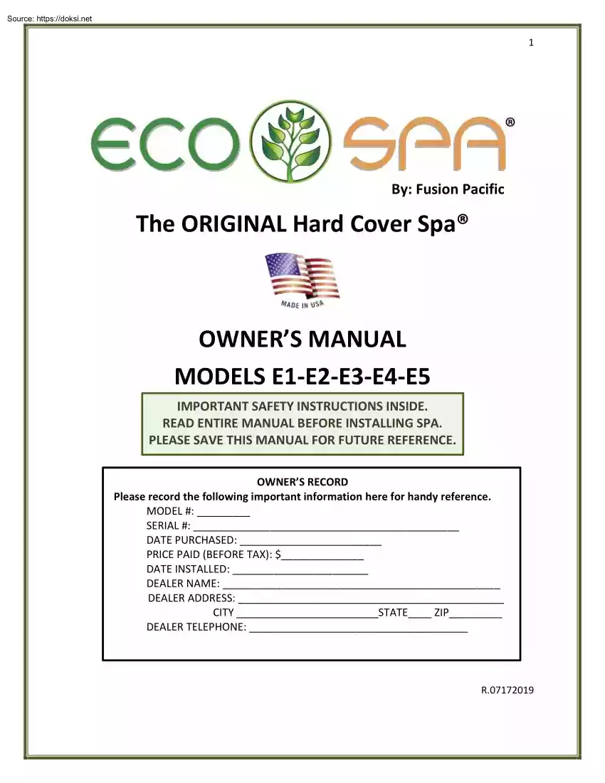 Eco Spa Owners Manual, Models E1 E2 E3 E4 E5