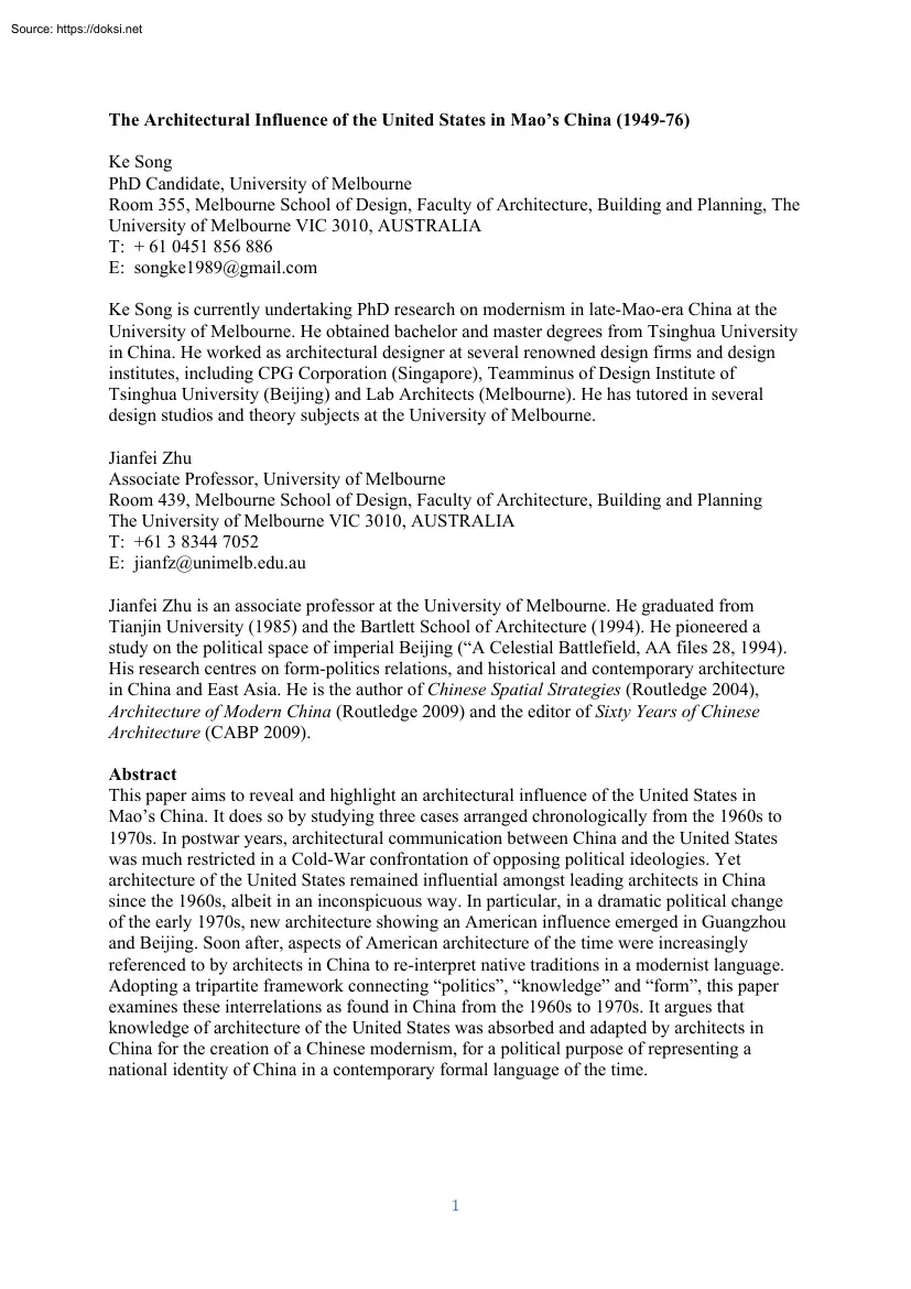 The Architectural Influence of the United States in Maos China 1949-76