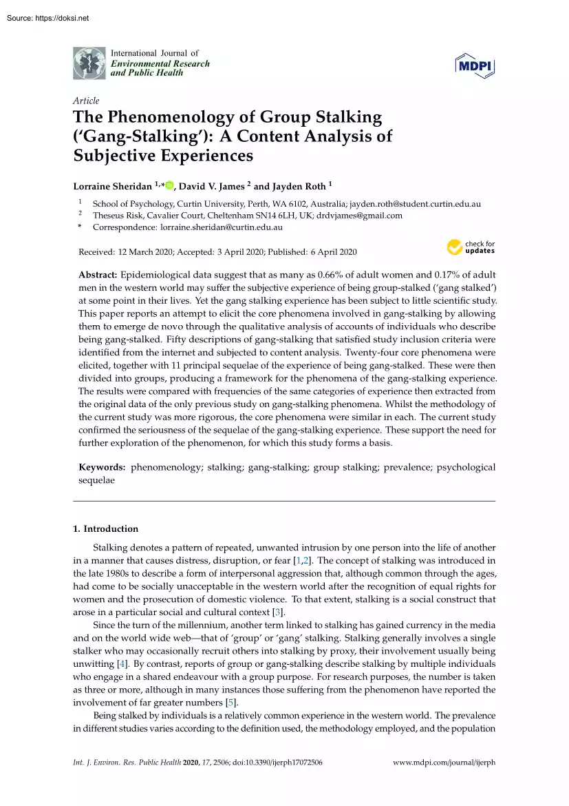 The Phenomenology of Group Stalking, Gang-Stalking, a Content Analysis ofSubjective Experiences