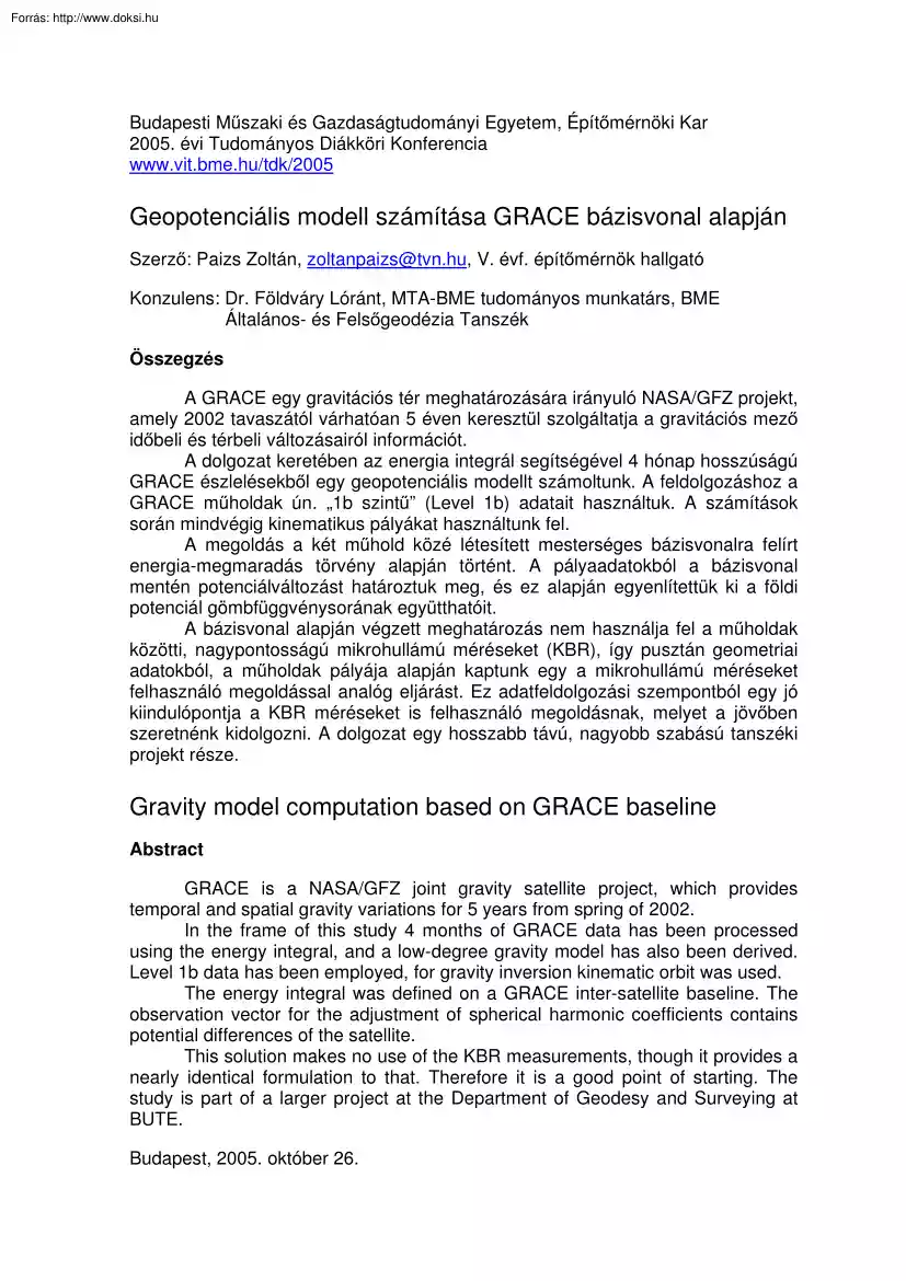 Paizs Zoltán - Geopotenciális modell számítása GRACE bázisvonal alapján