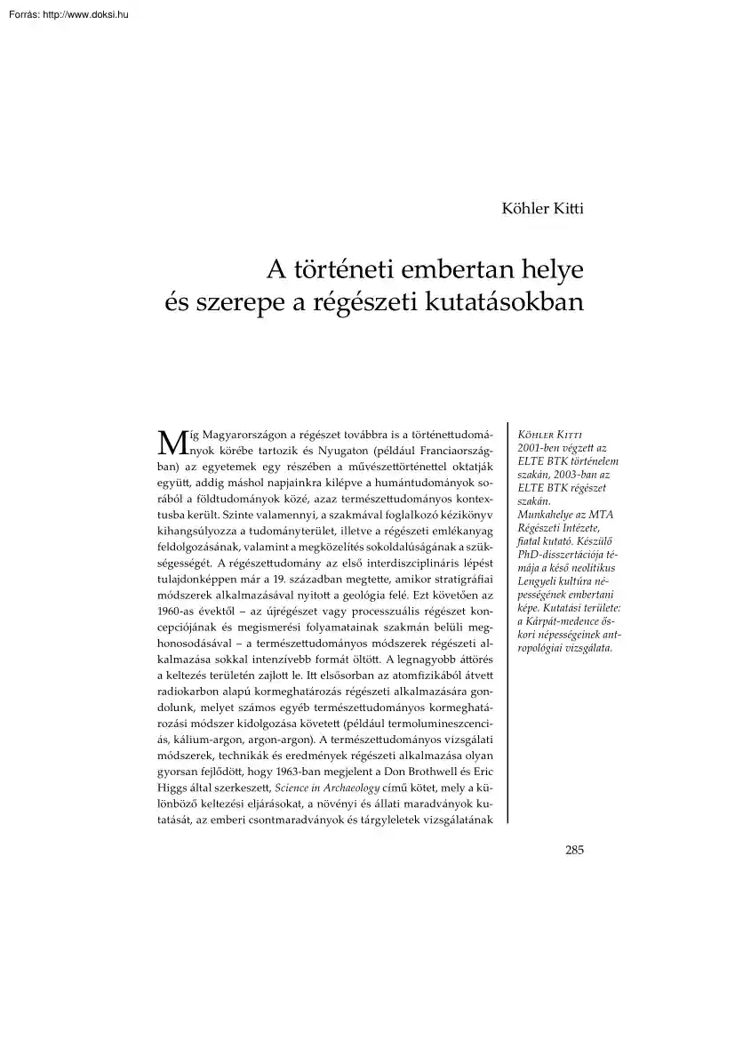 Köhler Kitti - A történeti embertan helye és szerepe a régészeti kutatásokban