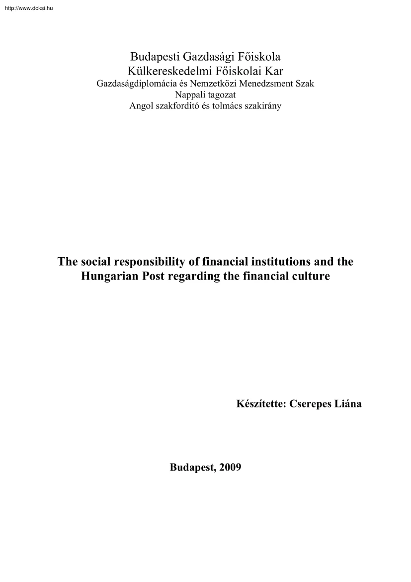 Cserepes Liána - The social responsibility of financial instutions and the Hungarian Post regarding the financial culture