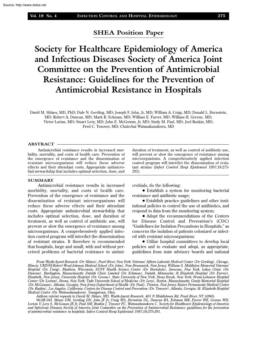 Guidelines for the Prevention of Antimicrobial Resistance in Hospitals