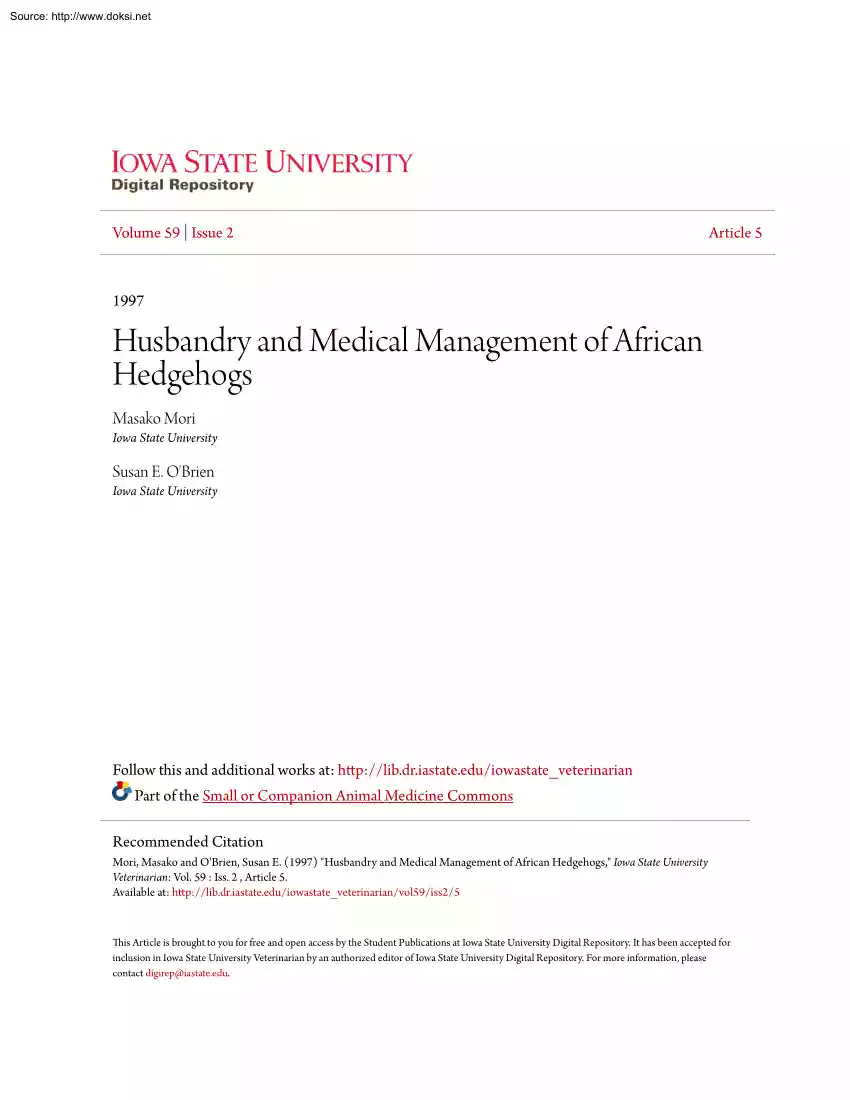 Mori-OBrien - Husbandry and Medical Management of African Hedgehogs