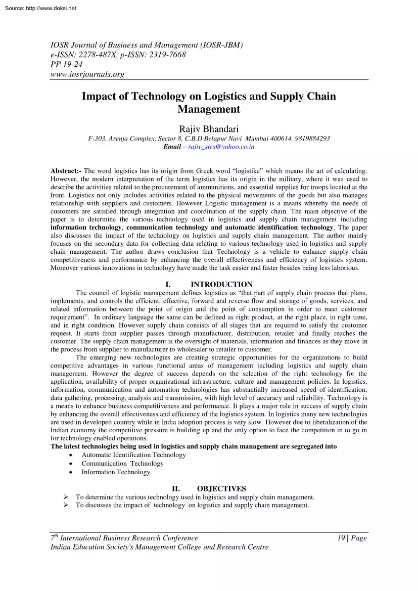 Rajiv Bhandari - Impact of Technology on Logistics and Supply Chain Management