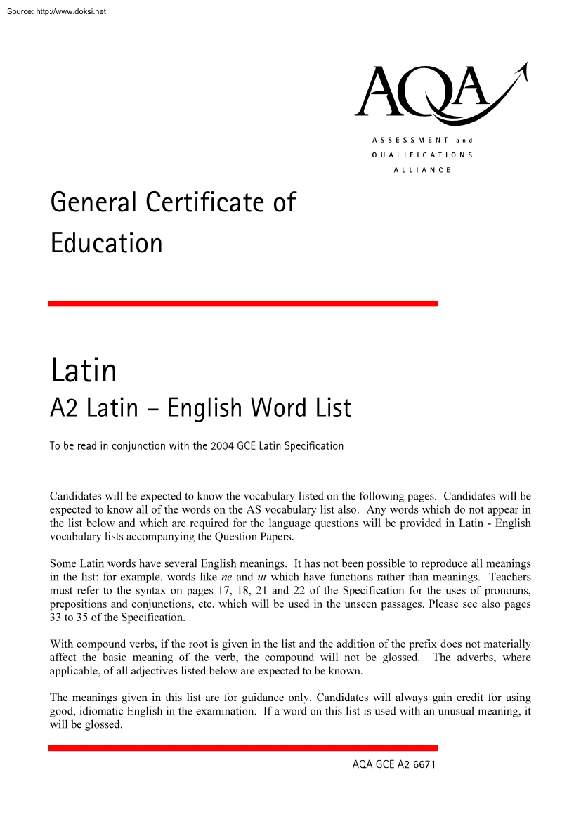 A2 Latin, English Word List