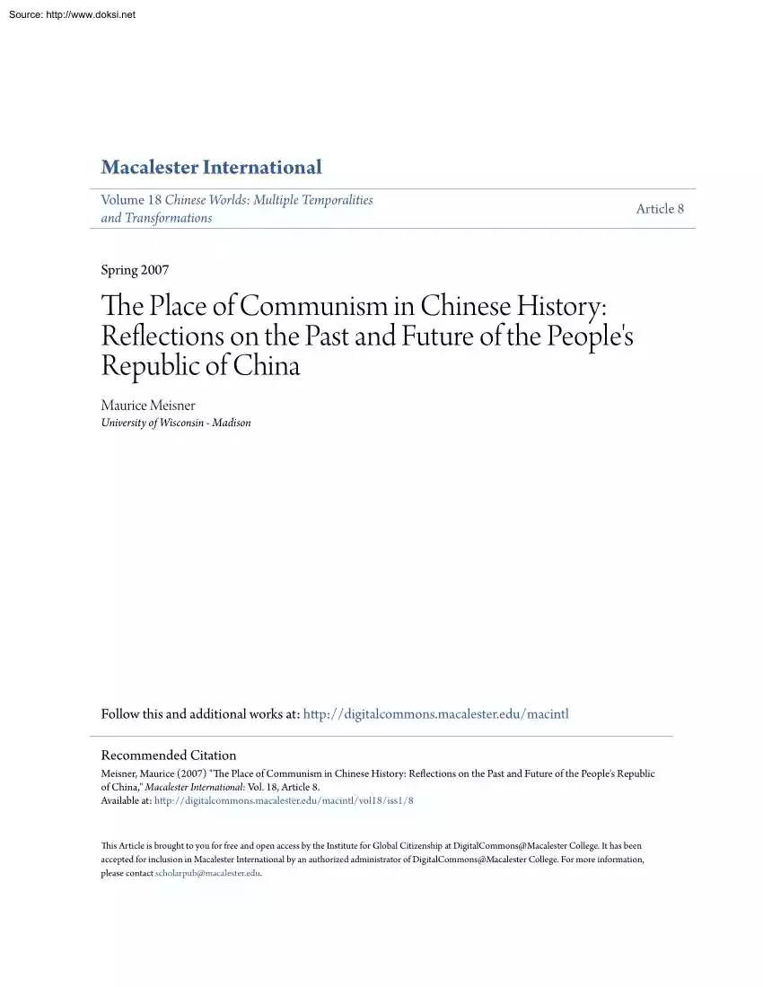 Maurice Meisner - The Place of Communism in Chinese History, Reflections on the Past and Future of the Peoples Republic of China
