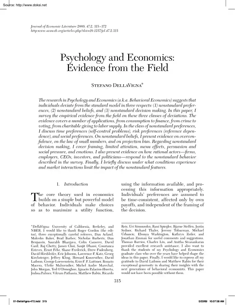 Stefano DellaVigna - Psychology and Economics, Evidence from the Field