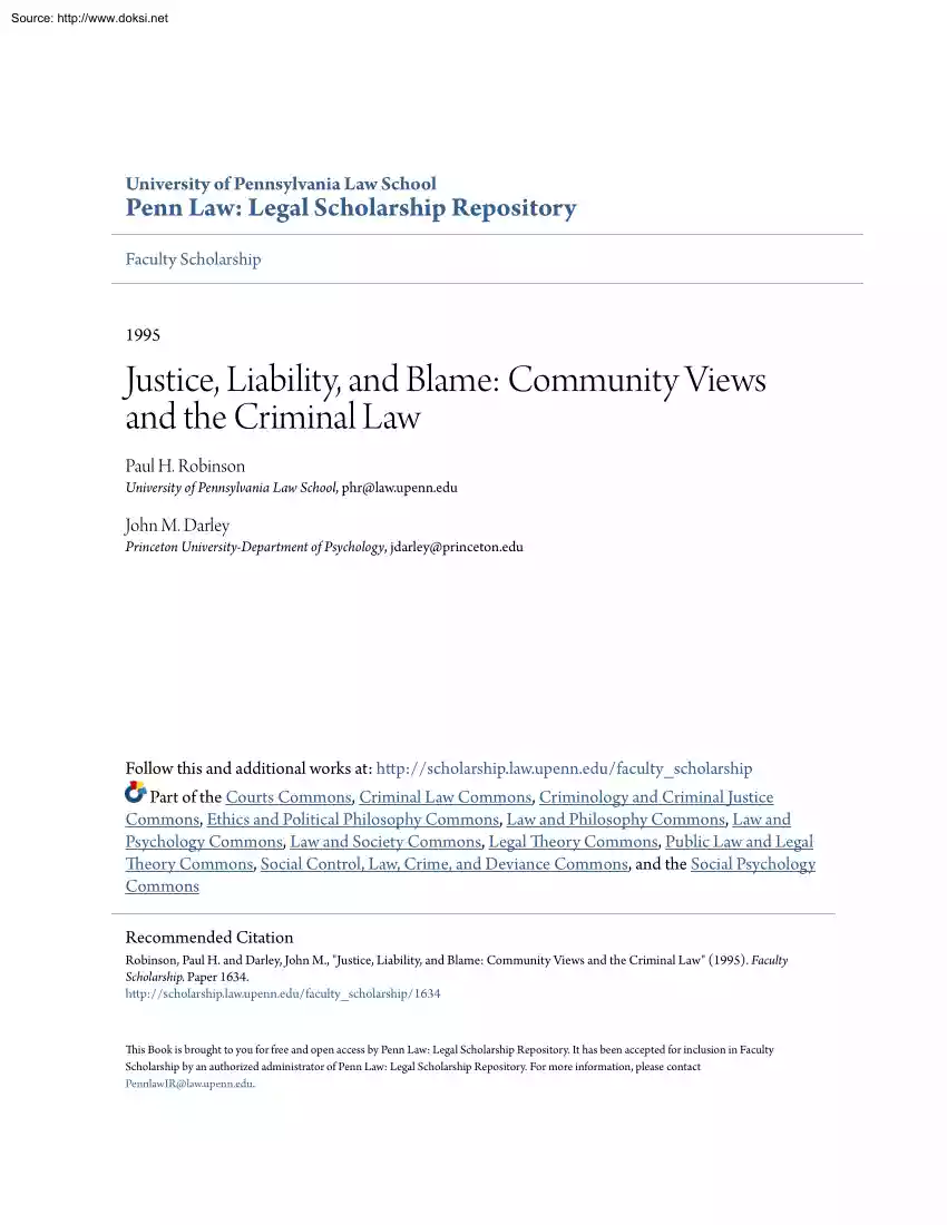 Robinson-Darley - Justice, Liability, and Blame, Community Views and the Criminal Law