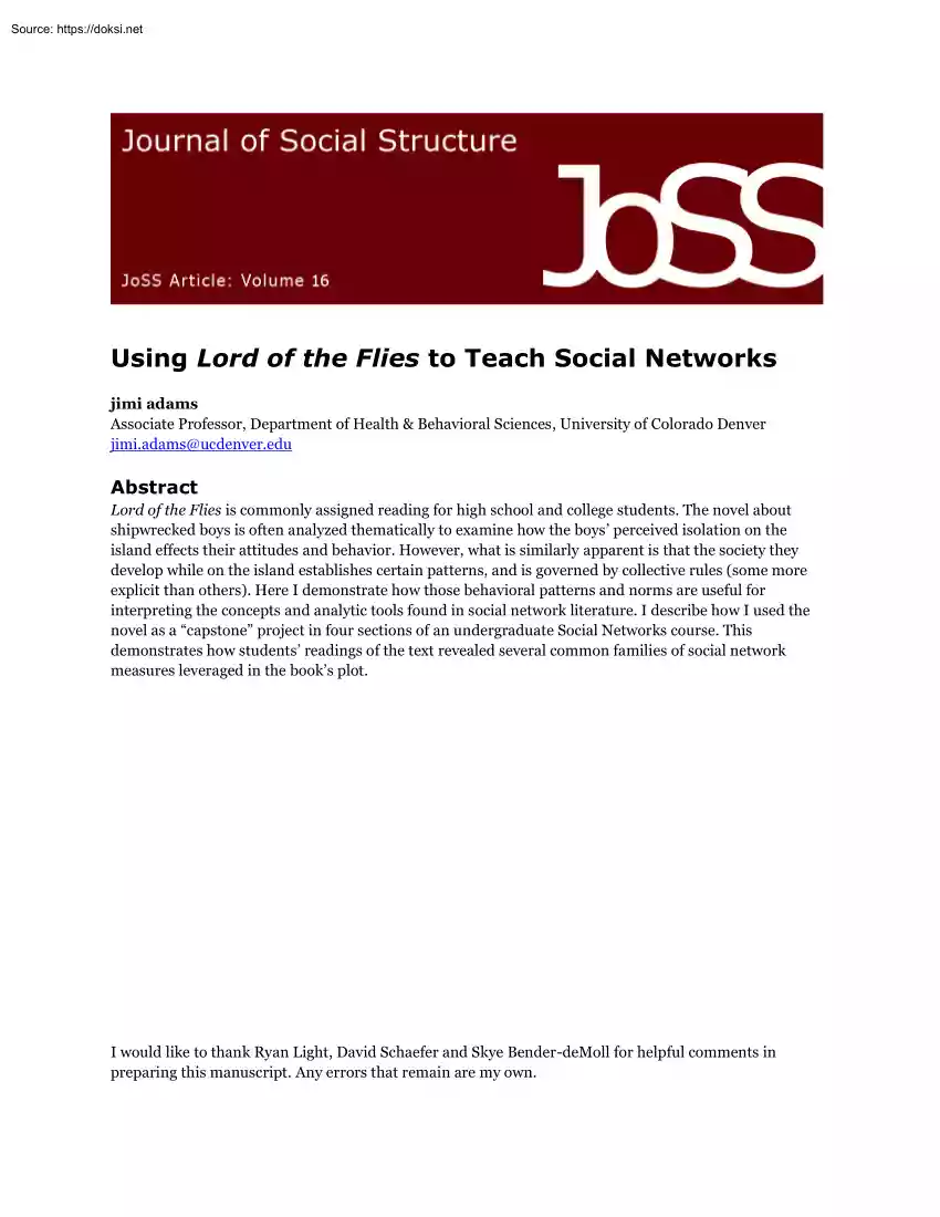 Jimi Adams - Using Lord of the Flies to Teach Social Networks