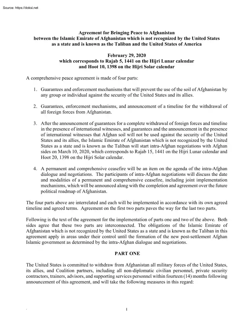 Agreement for Bringing Peace to Afghanistan between the Islamic Emirate of Afghanistan which is not recognized by the United States