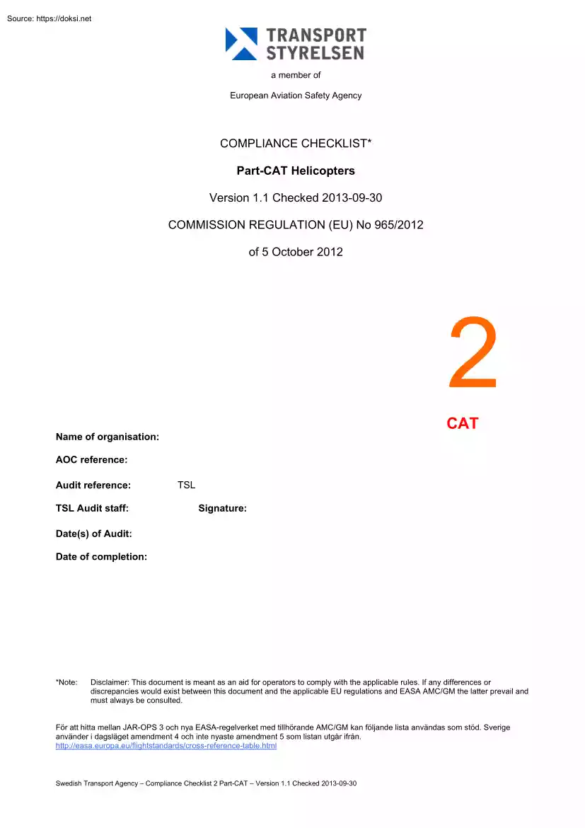 Compliance Checklist, Part-CAT Helicopters