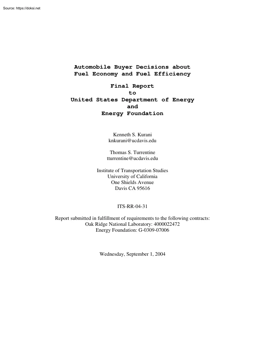 Kurani-Kurani - Automobile Buyer Decisions about Fuel Economy and Fuel Efficiency