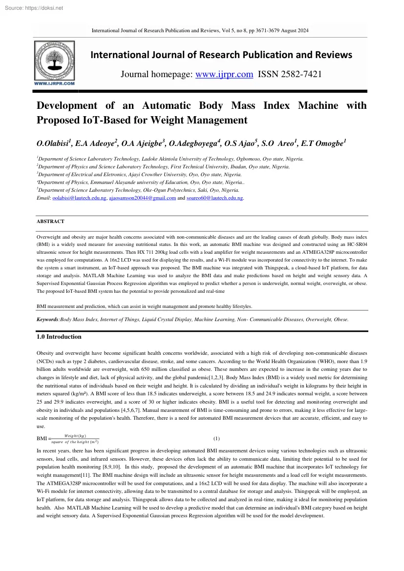 Development of an Automatic Body Mass Index Machine with Proposed IoT-Based for Weight Management