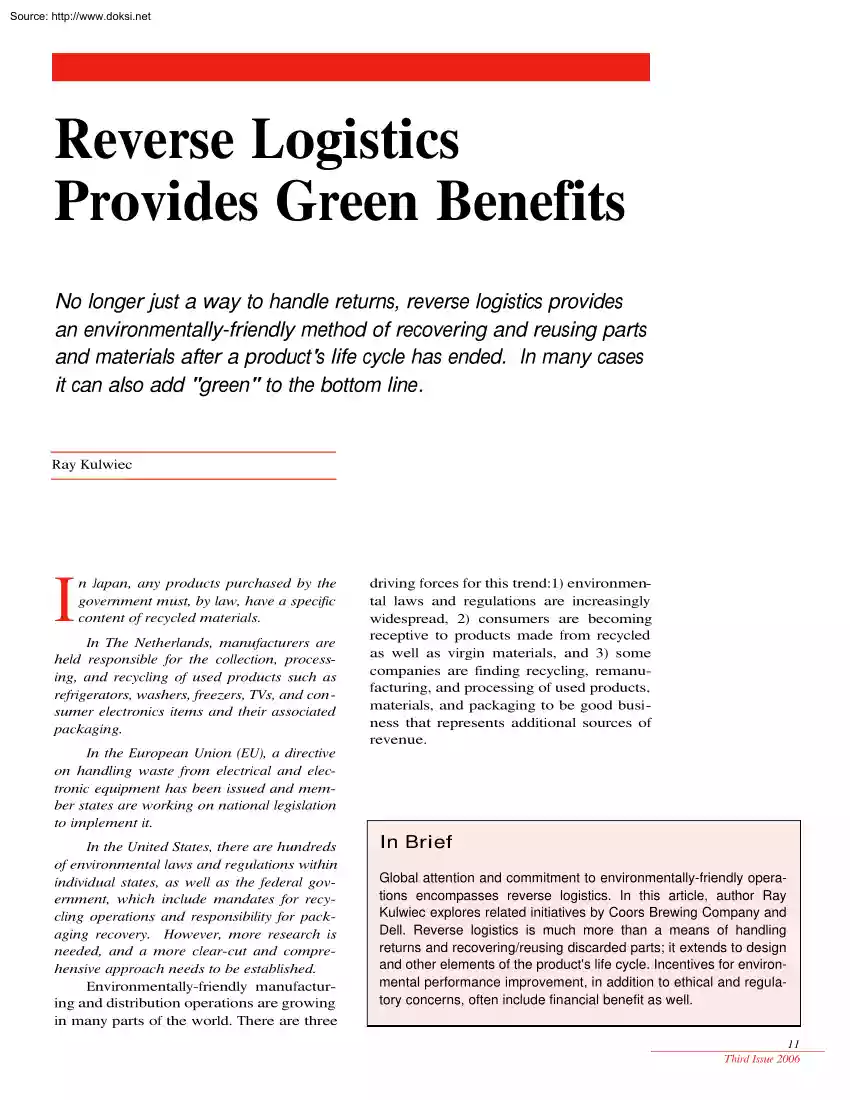 Ray Kulwiec - Reverse Logistics Provides Green Benefits