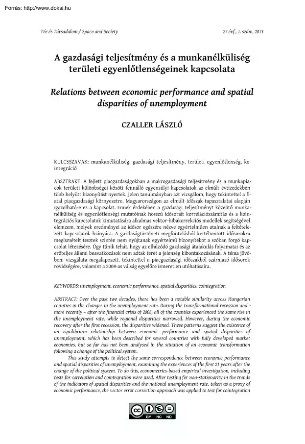 Czaller László - A gazdasági teljesítmény és a munkanélküliség területi egyenlőtlenségeinek kapcsolata