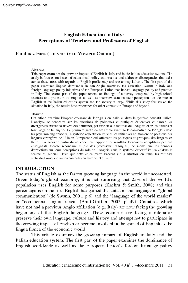 Farahnaz Faez - English Education in Italy, Perceptions of Teachers and Professors of English